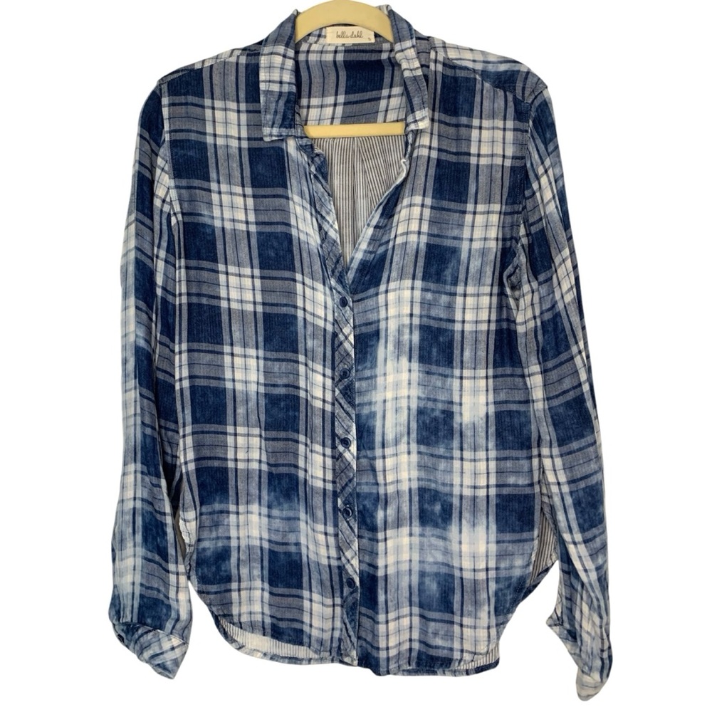 Bella Dahl Small Oversized Distressed Washed Blue Plaid Soft Flannel Casual Top